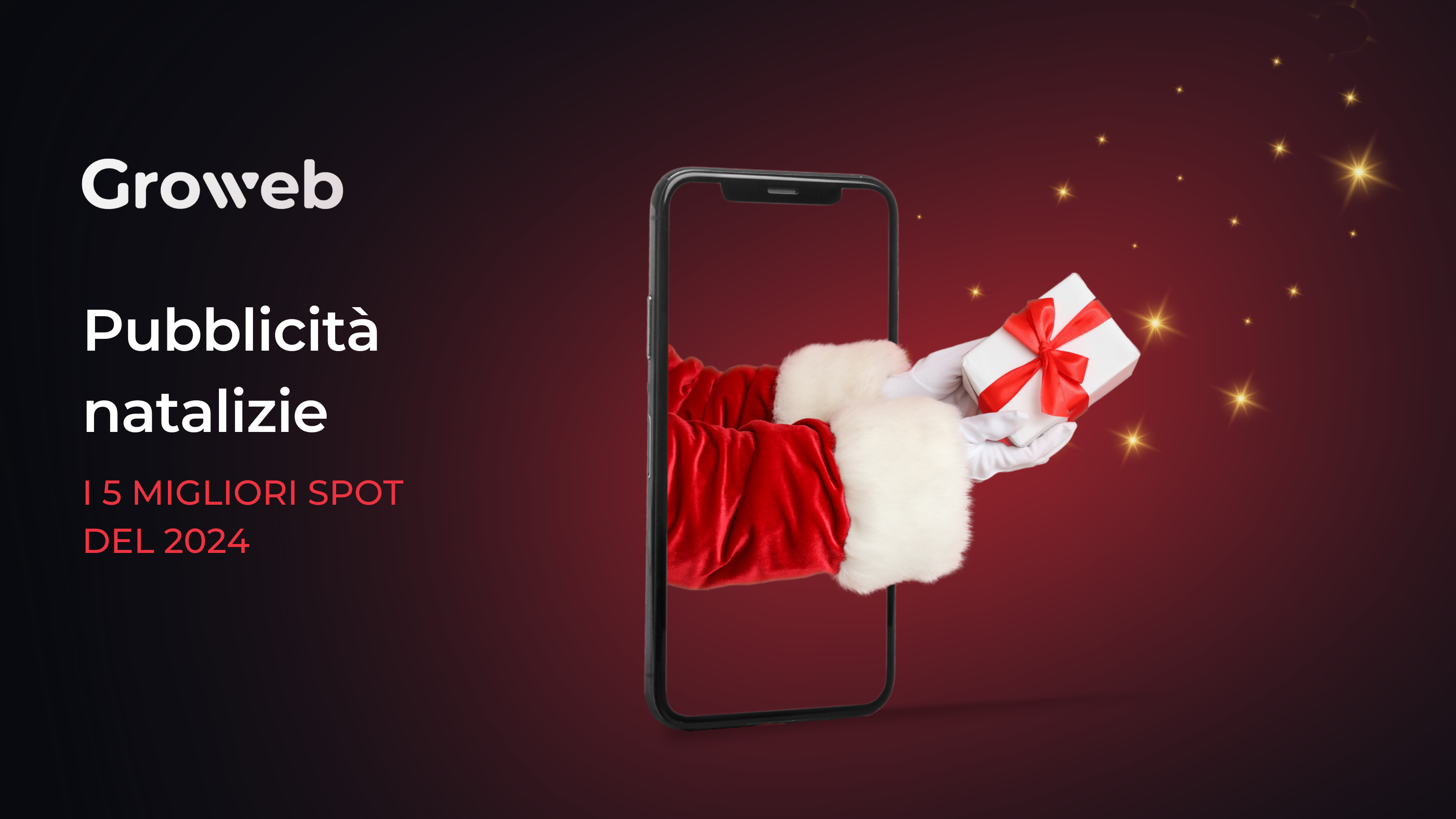 immagine con sfondo rosso, bordeaux e nero, e qualche stellina gialla. in primo piano un telefono cellulare da cui fuoriescono le braccia di Babbo Natale che stringono un regalo. Sul lato sinistro, il titolo dell'articolo: "Pubblicità natalizie: i 5 migliori spot del 2024".