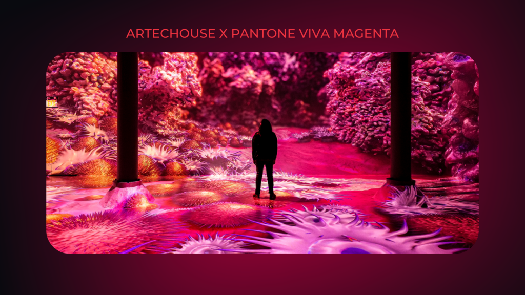 Pantone: il colore dell’anno influenza il marketing? 3 Immagine dell'installazione di Artechouse x Pantone a New York: una donna dentro al Magentaverse
