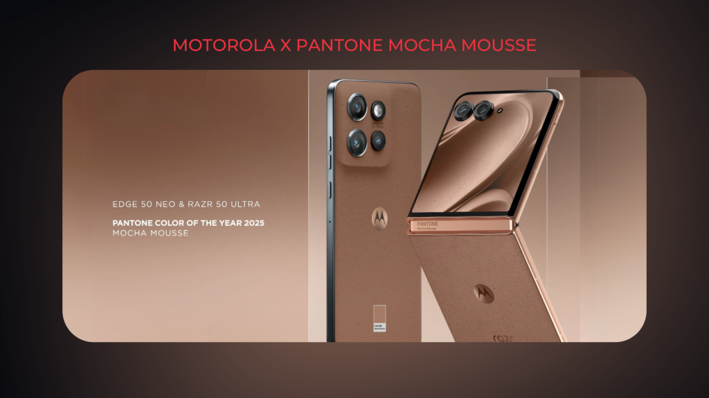 Pantone: il colore dell’anno influenza il marketing? 1 Immagine della campagna marketing Motorola x Pantone: due smartphone Motorola di colore Mocha Mousse