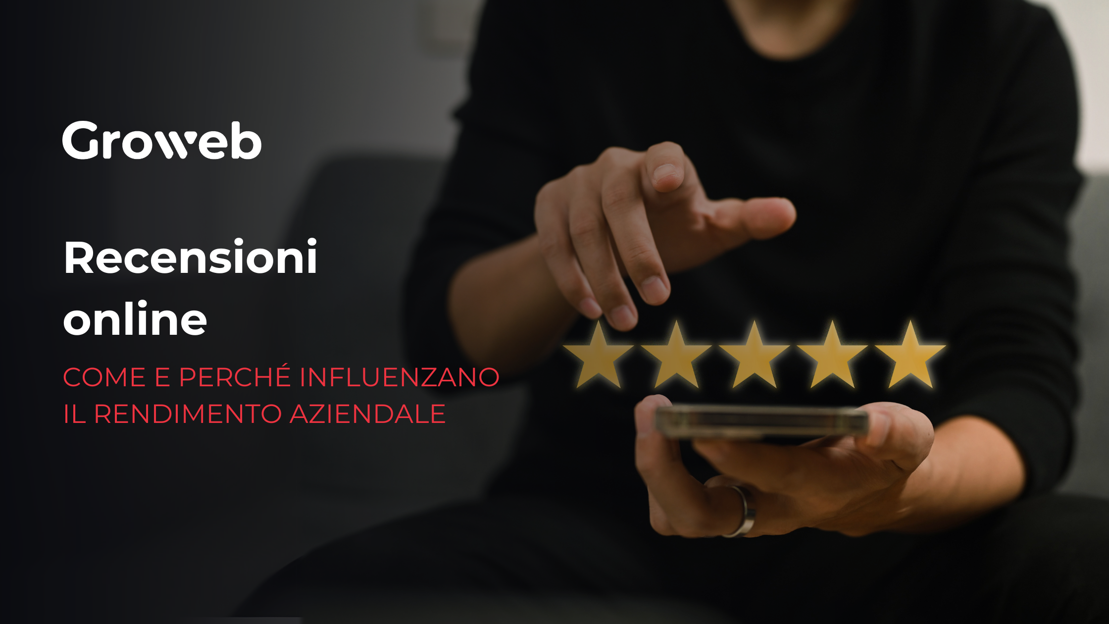 sulla sinistra, il titolo dell'articolo: "recensioni online: come e perché influenzano il rendimento aziendale". Sulla destra, una persona che scorre sullo smartphone e, in sovraimpressione, le 5 stelline tipicamente associate alle recensioni.