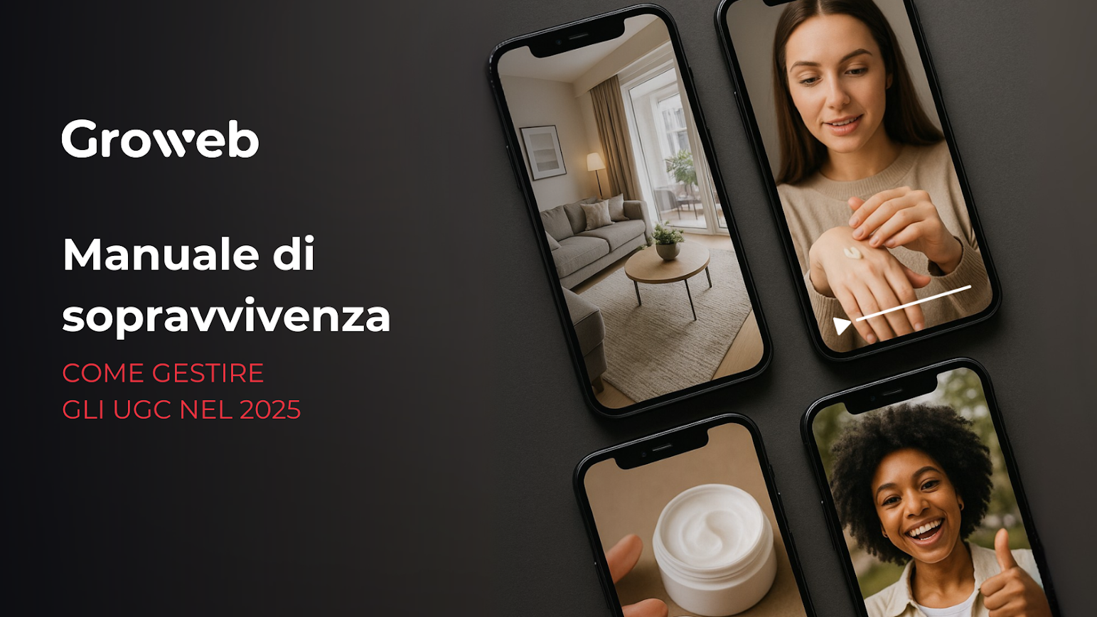 Sulla sinistra, il titolo dell'articolo: "Manuale di sopravvivenza: come gestire gli UGC nel 2025". Sulla destra, quattro schermi di cellulare mostrano delle content creator provare creme e prodotti beauty