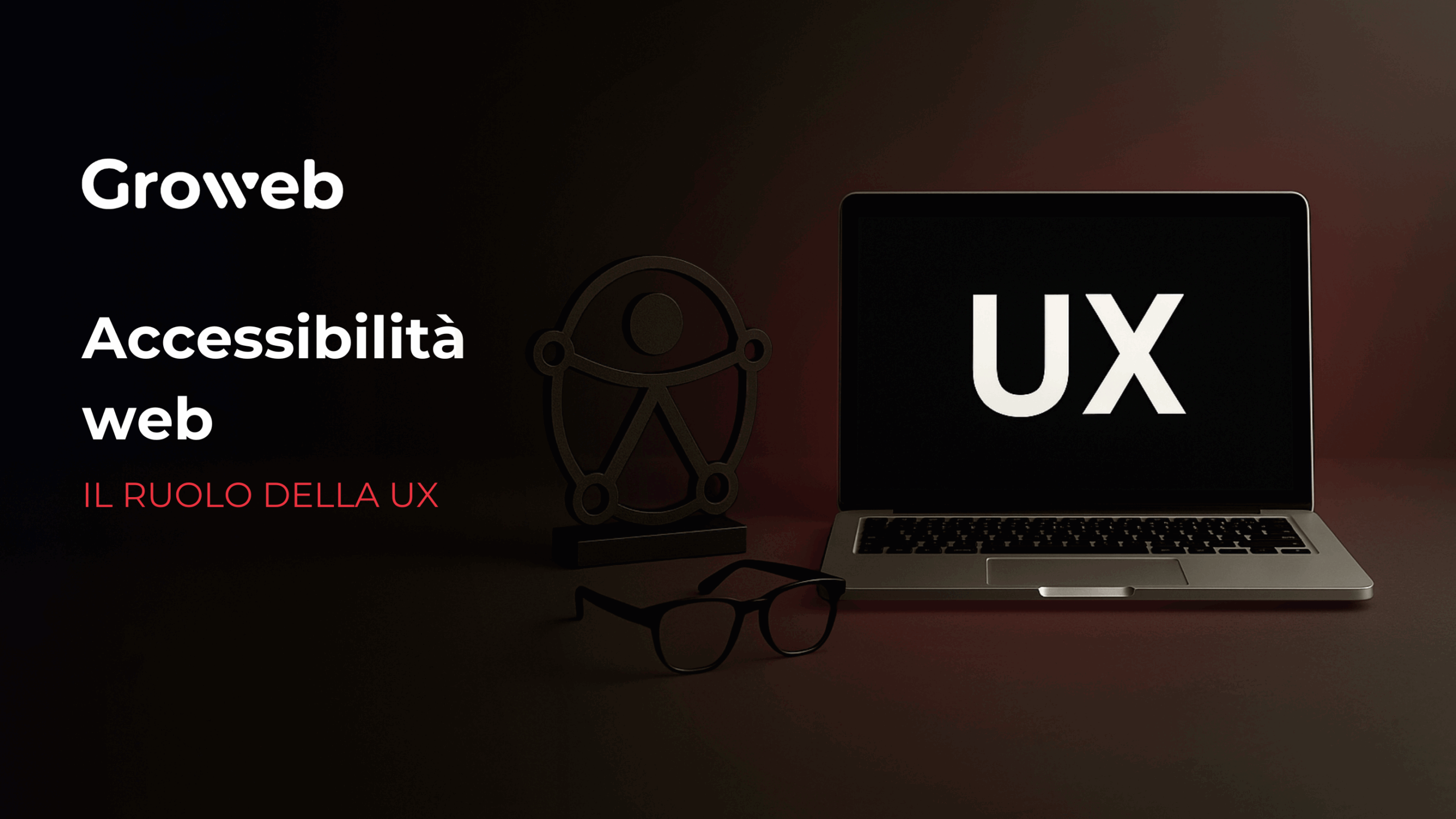 A sinistra, il titolo dell'articolo: "Accessibilità web: il ruolo della UX". A destra, l'immagine stilizzata del simbolo UE dell'accessibilità e di un PC