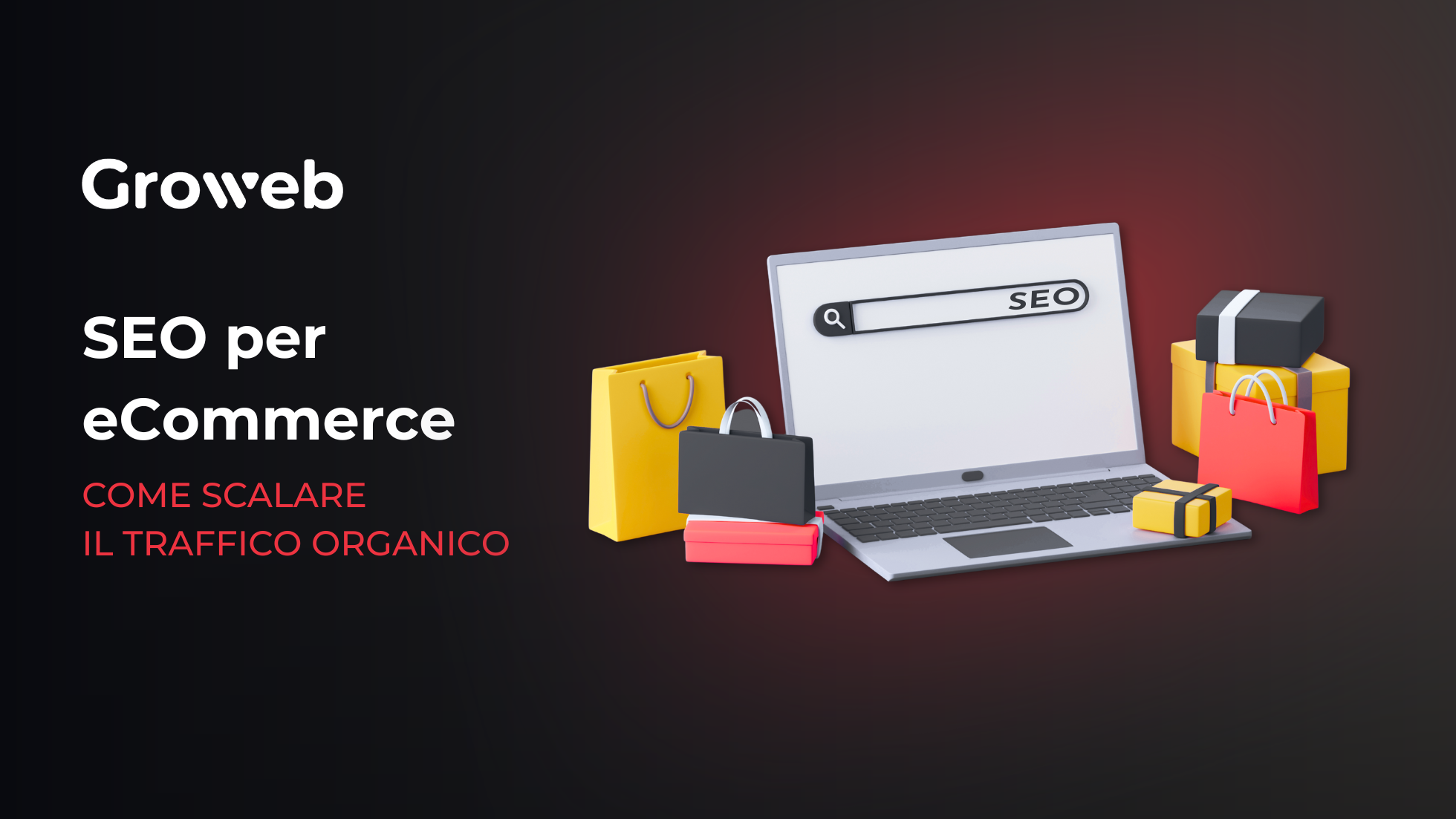 Da un lato, il titolo dell'articolo: "SEO per ecommerce". Dall'altro, l'immagine stilizzata di un PC con accanto delle shopping bag.