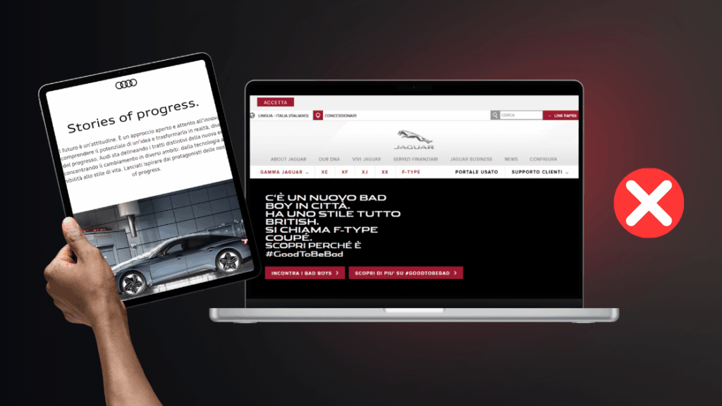 Restyling sito web: quando è il momento di farlo? 6 a sinistra, il mockup di un tablet con il sito nuovo e aggiornato di Audi; a destra, il mockup di un computer con la versione più datata e antiquata del sito di Jaguar