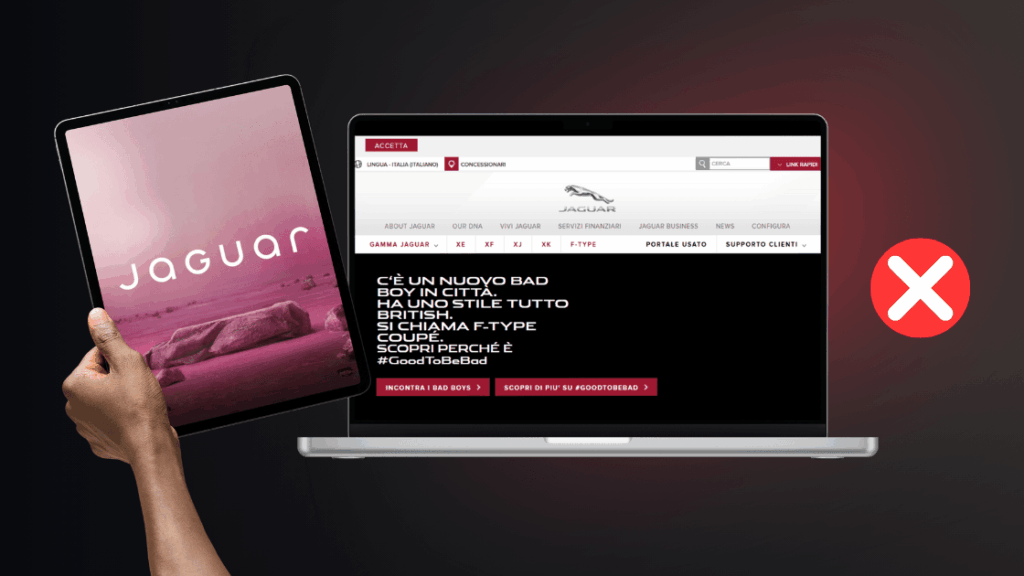 Restyling sito web: quando è il momento di farlo? 4 a sinistra, il mockup di un tablet che mostra la nuova brand identity di jaguar. a destra, il mockup di un computer che mostra il vecchio sito web di jaguar, non in linea con la nuova brand identity