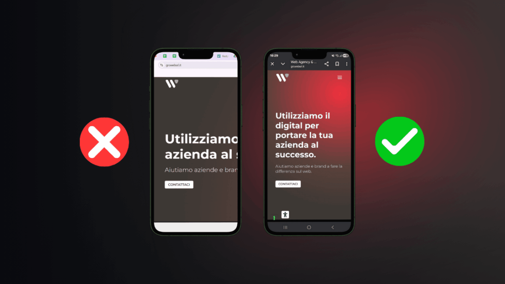 Restyling sito web: quando è il momento di farlo? 1 due mock-up di siti web visti da cellulare: il primo mostra un sito web con design non mobile friendly, il secondo mostra un sito web con design mobile friendly
