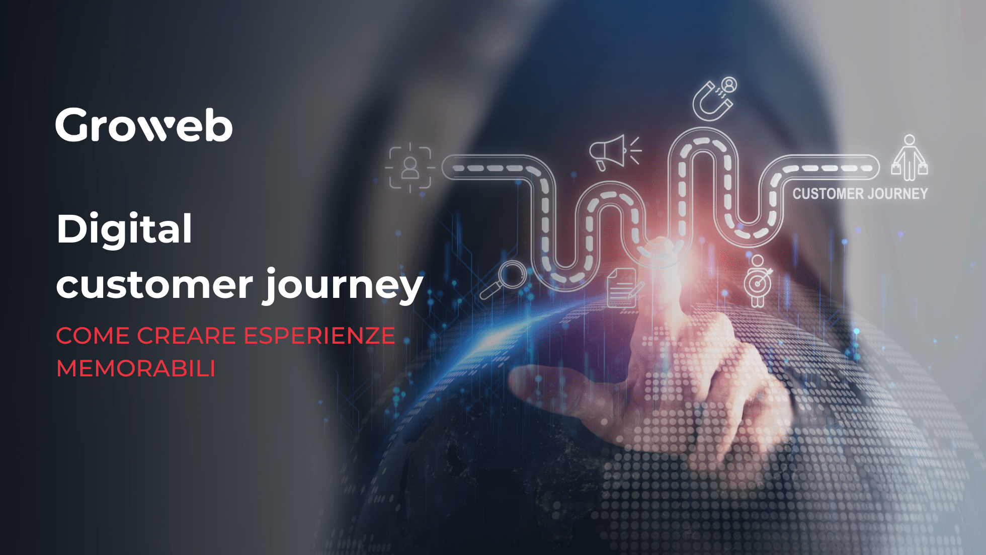 a sinistra il titolo dell'articolo: "Digital customer journey: come creare esperienze memorabili". a destra l'immagine di una mano che tocca uno schermo