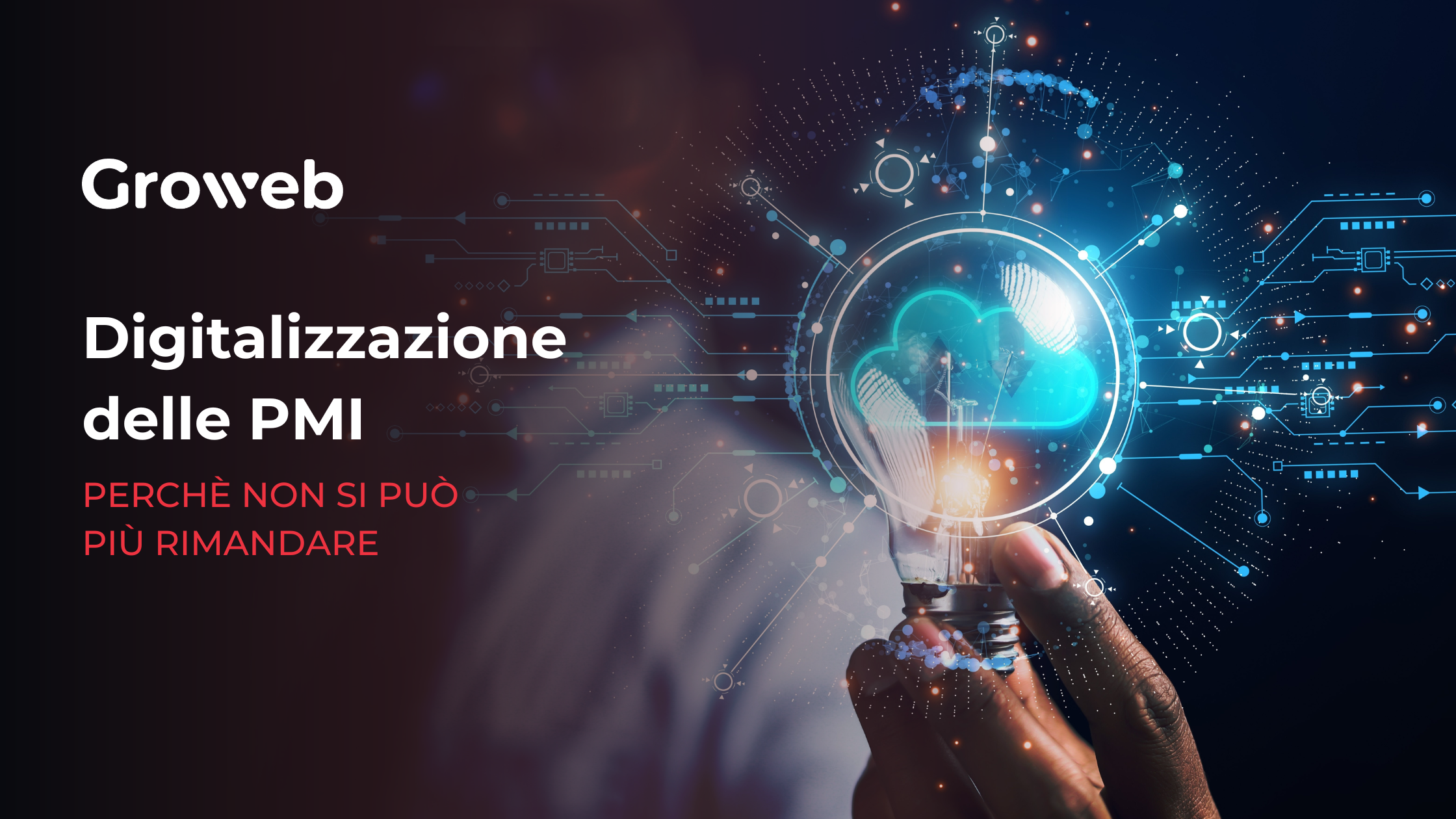 a sinistra il titolo dell'articolo: "digitalizzazione delle PMI: perché non si può più rimandare". a destra l'immagine di una lampadina virtuale accesa, con accanto segni astratti che ricordano la tecnologia.