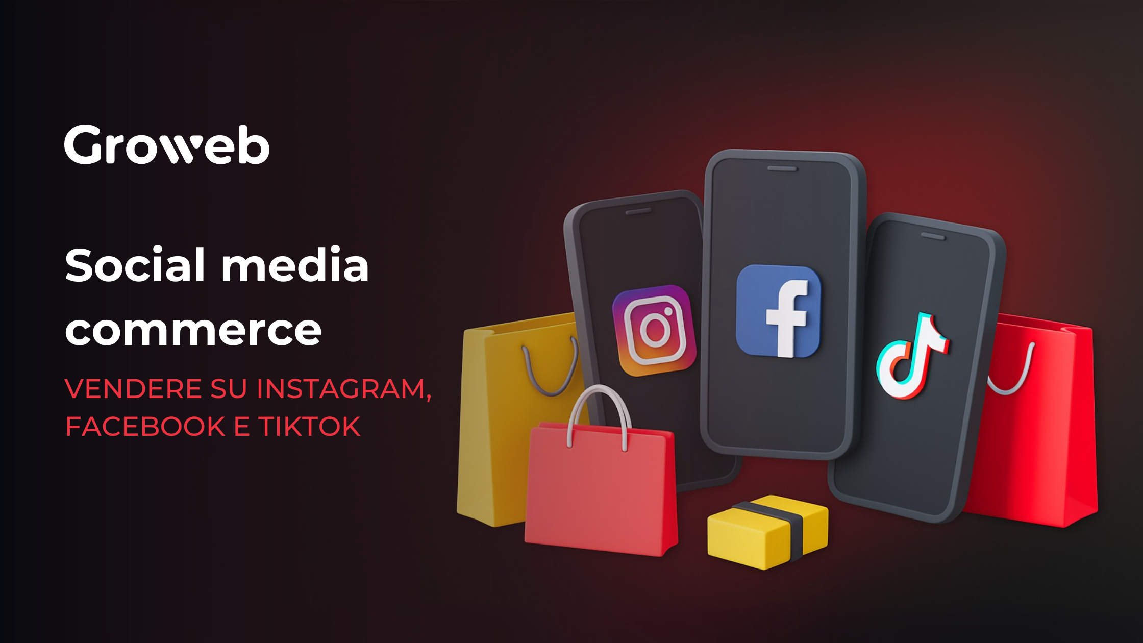 A sinistra il titolo dell'articolo: "social media commerce: vendere su instagram, facebook e tiktok". a destra le immagini stilizzate di 3 telefoni che, sugli schermi, hanno i loghi di instagram, facebook e tiktok, attorniati da sacchetti e shopping bag.