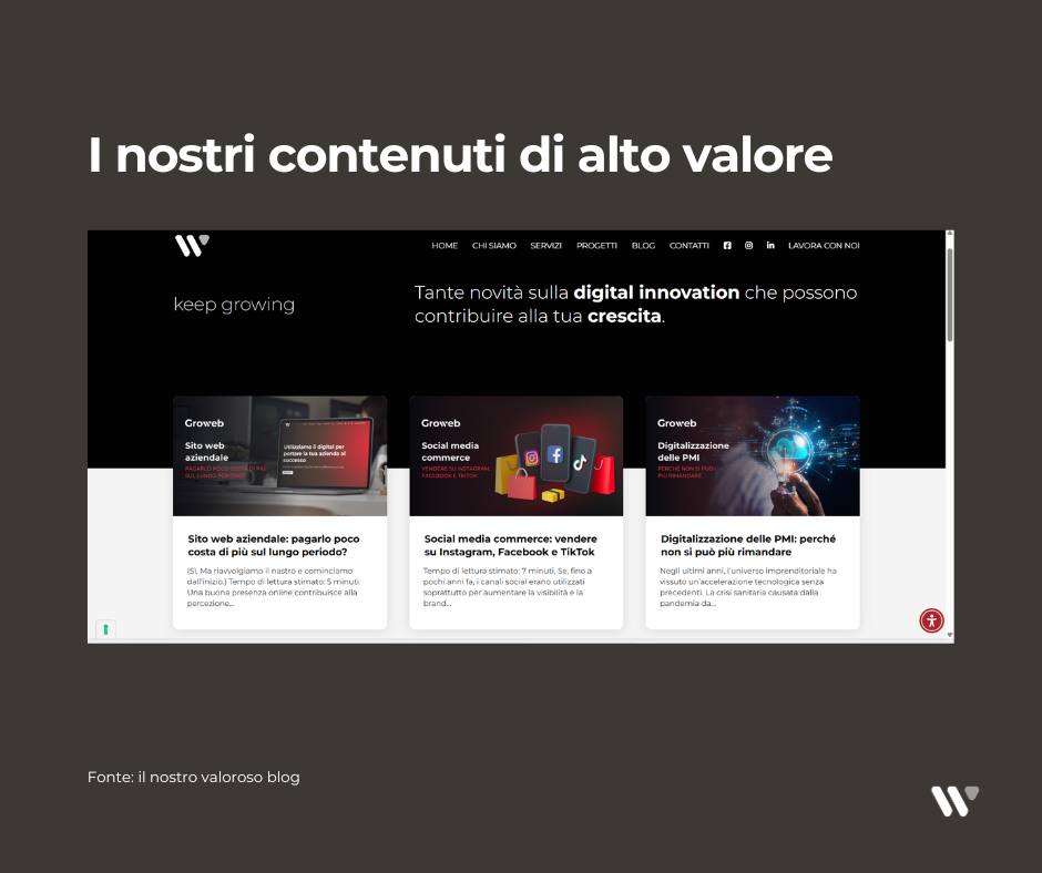 AI Overview Google: è finita la SEO? 3 immagine ironica che mostra i contenuti di alto valore di groweb (gli articoli del blog) con rimando al blog