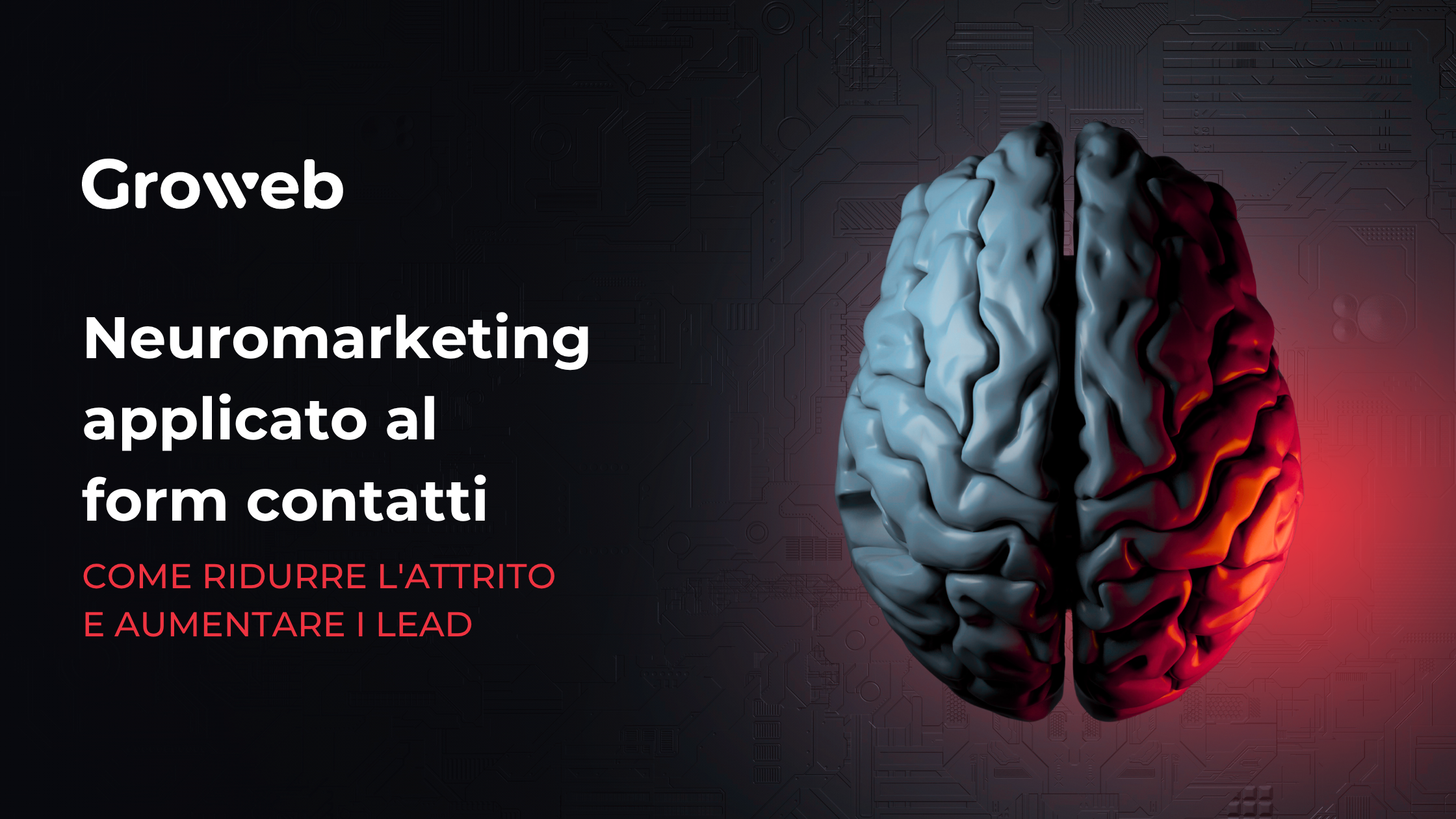 Un cervello preso dall'alto sulla destra e sulla sinistra la scritta: Neuromarketing applicato al form contatti come ridurre l'attrito e aumentare i lead