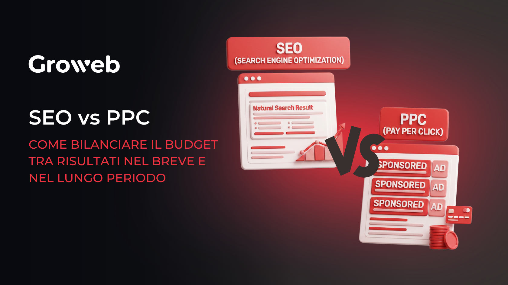 SEO vs PPC: come bilanciare il budget tra risultati nel breve e nel lungo periodo 22 Sulla destra due box uno con scritto seo e l'altro ppc. Sulla sinistra la scritta seo vs ppc: come bilanciare il budget tra il breve e il lungo periodo