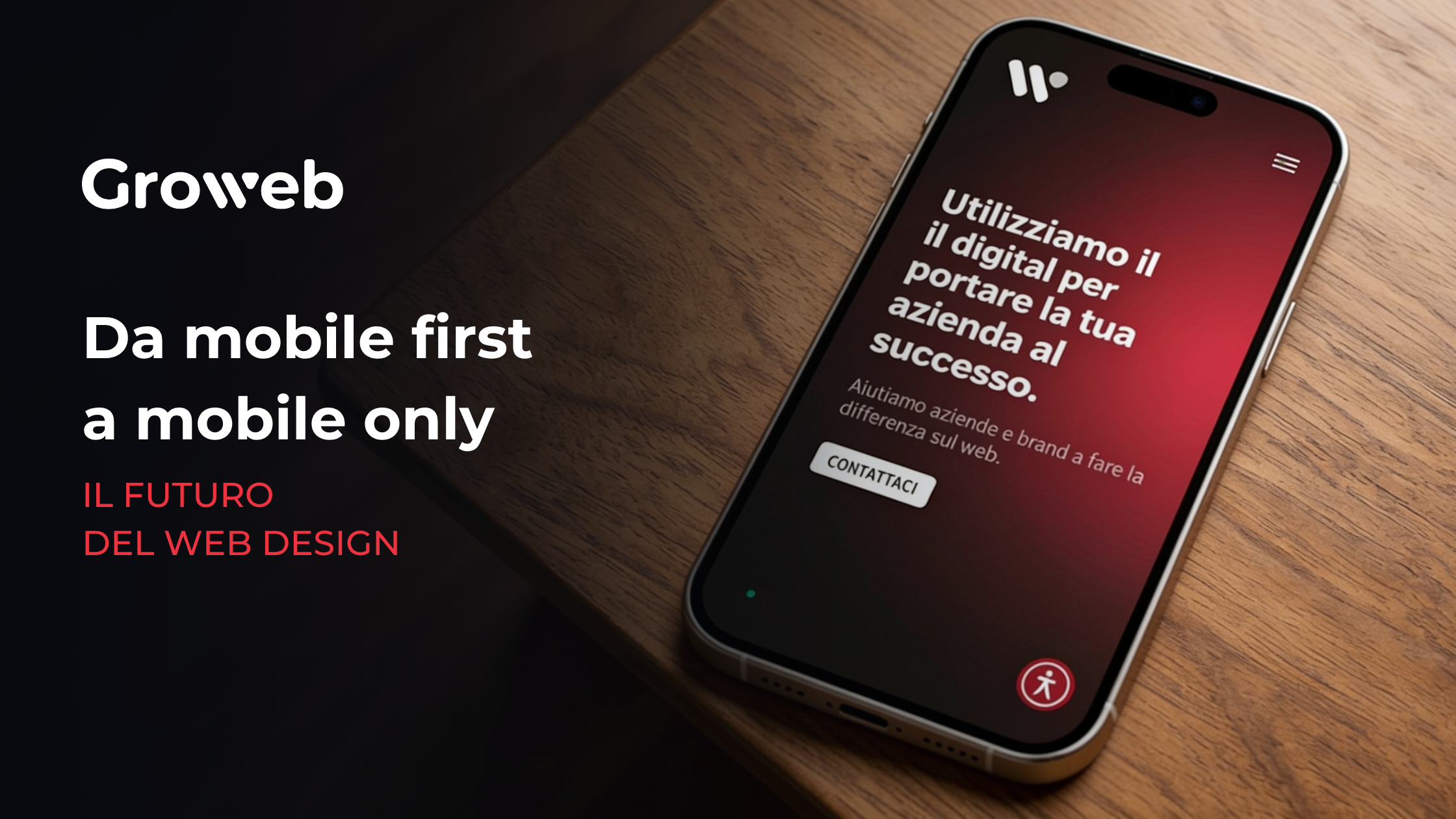 Mobile first? No: mobile only! Come progettare per chi non ti guarderà mai tramite desktop 21 titolo "Da mobile first e mobile only: il futuro del web design", affiancato dall'immagine di uno smartphone che mostra la homepage del sito web groweb