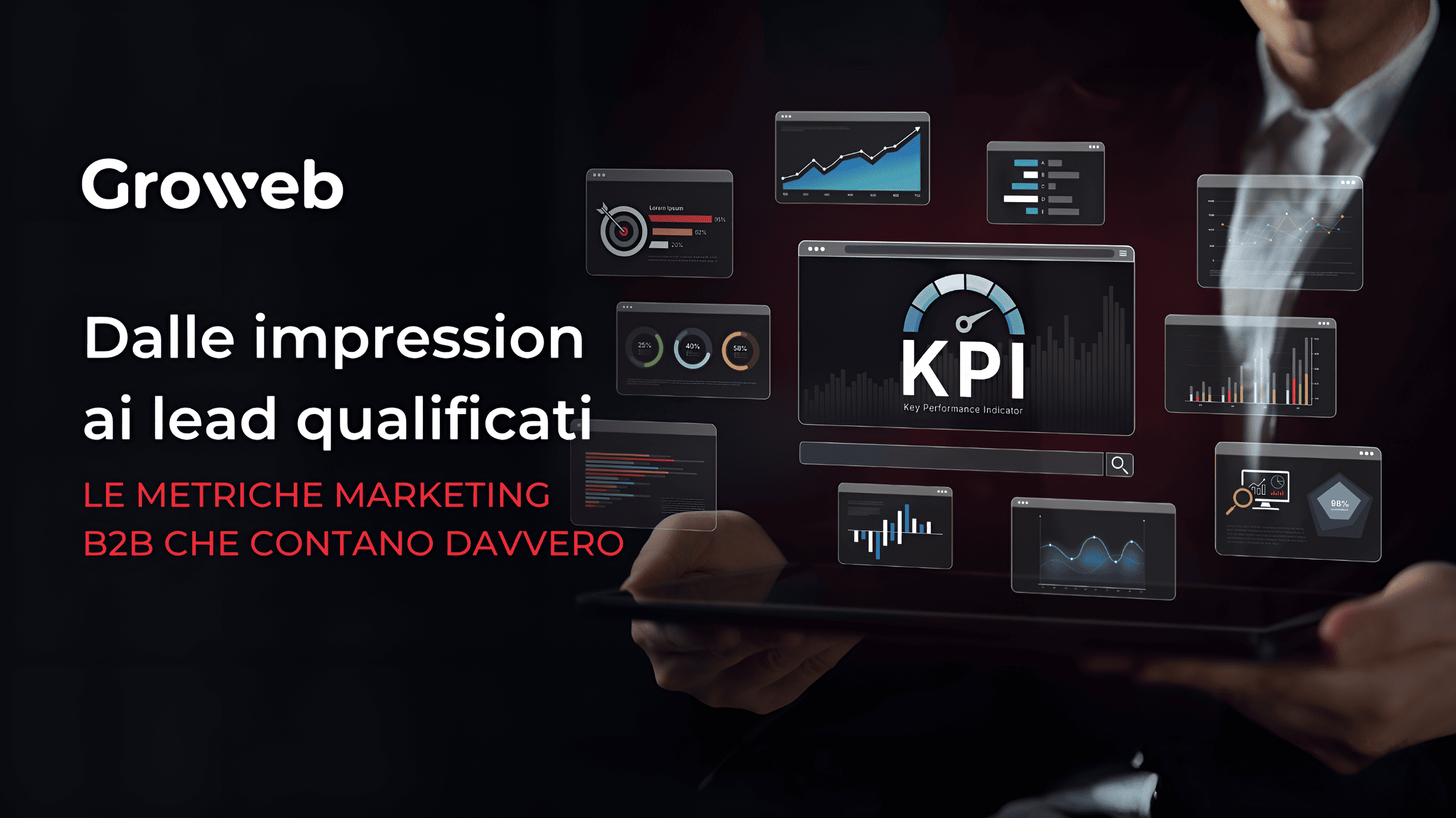 Dalle impression ai lead qualificati: le metriche marketing B2B che contano davvero 21 Un professionista analizza dati su un tablet da cui emergono grafici digitali. Sulla sinistra figurano il logo Groweb e il titolo dell'articolo: "Dalle impression ai lead qualificati: le metriche marketing B2B che contano davvero".