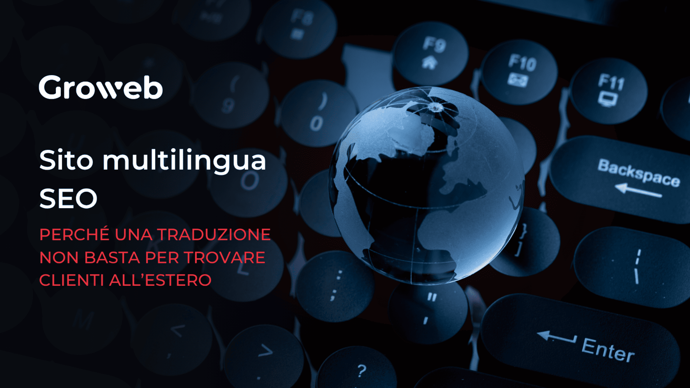 Un mappamondo trasparente appoggiato su una tastiera per computer scura. Sulla sinistra compare il logo Groweb bianco sopra il titolo in bianco “Sito multilingua SEO” e il sottotitolo in rosso “Perché una traduzione non basta per trovare clienti all’estero”.